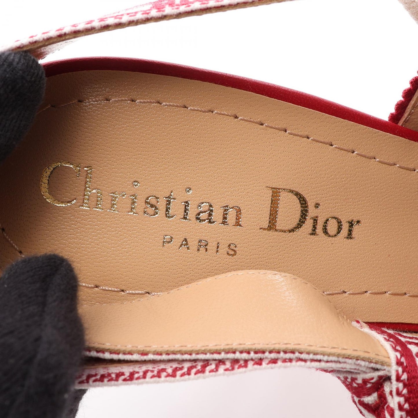 J'ADIOR スリングバック パンプス ファブリック レッド ホワイト クリスチャンディオール