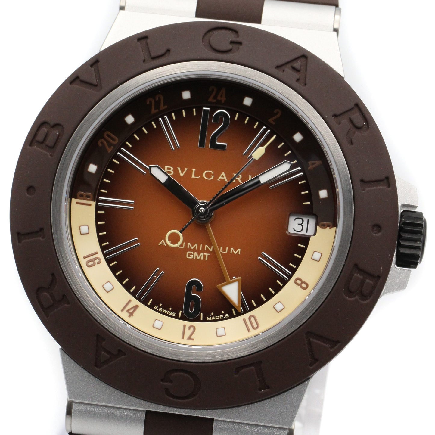 アルミニウム GMT メンズ 腕時計 自動巻き ラバーベルト アルミニウム ブラウン ブルガリ
