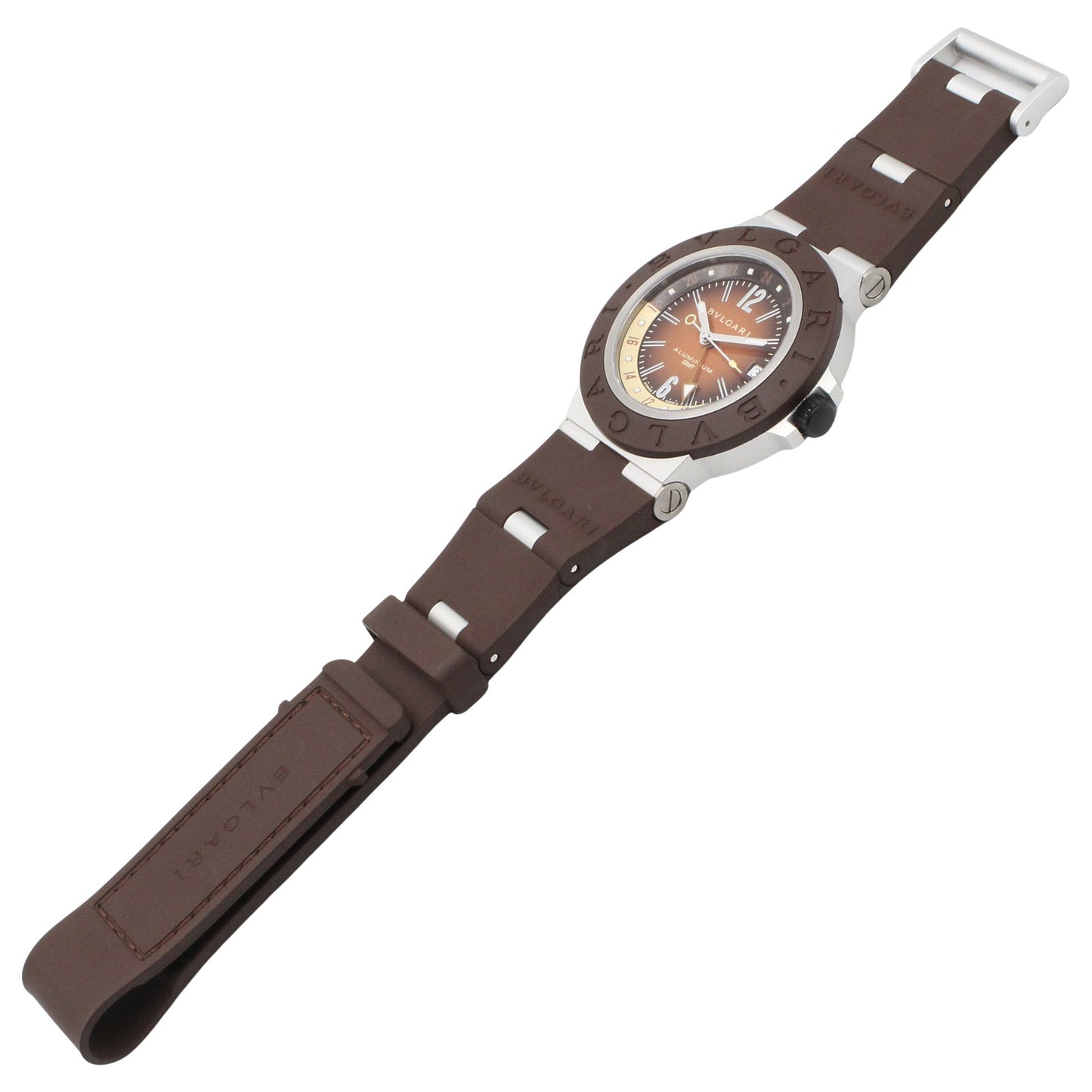 アルミニウム GMT メンズ 腕時計 自動巻き ラバーベルト アルミニウム ブラウン ブルガリ