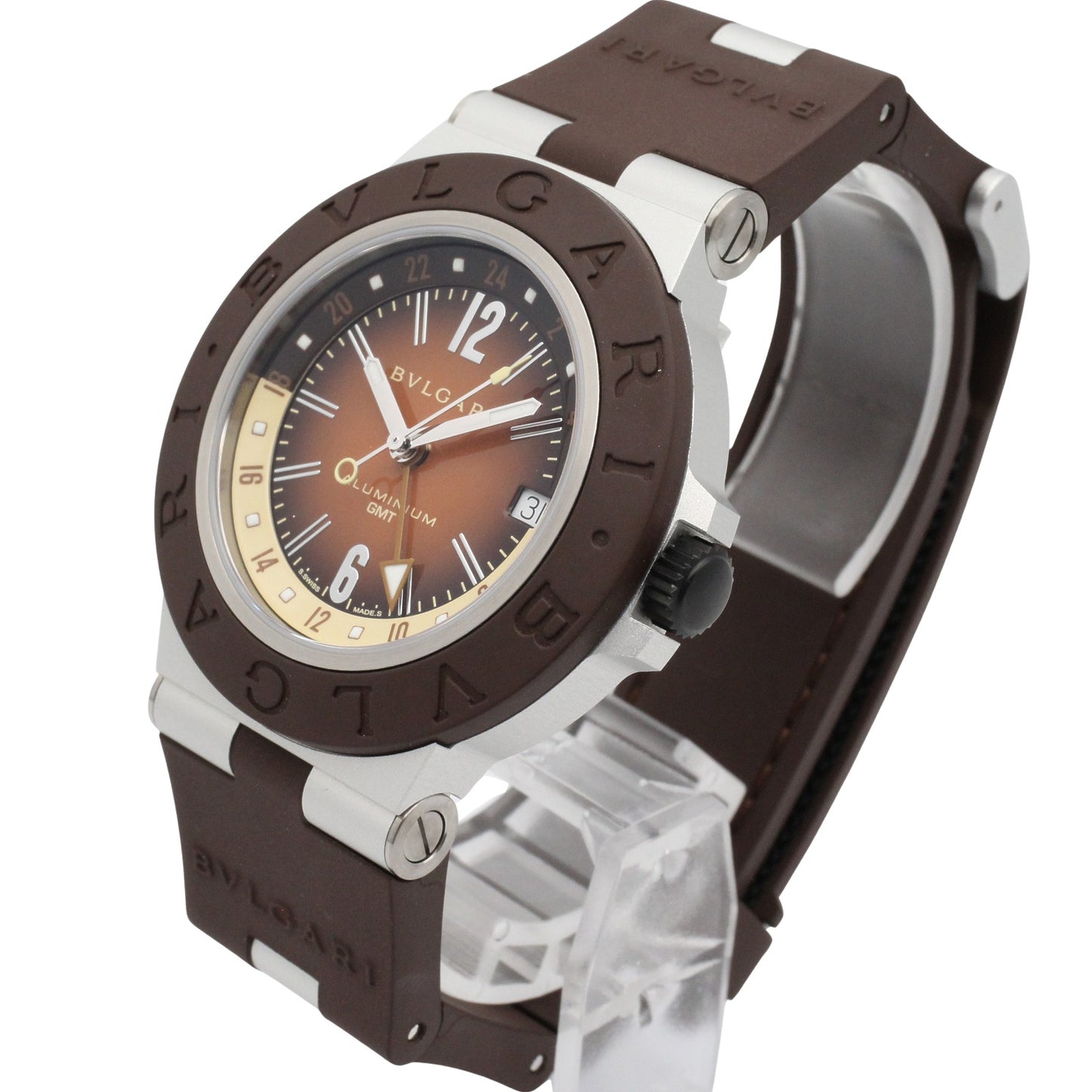 アルミニウム GMT メンズ 腕時計 自動巻き ラバーベルト アルミニウム ブラウン ブルガリ
