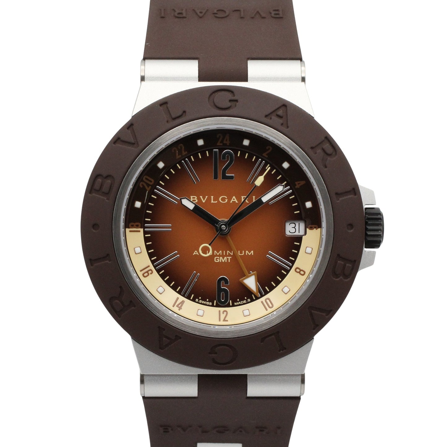 アルミニウム GMT メンズ 腕時計 自動巻き ラバーベルト アルミニウム ブラウン ブルガリ