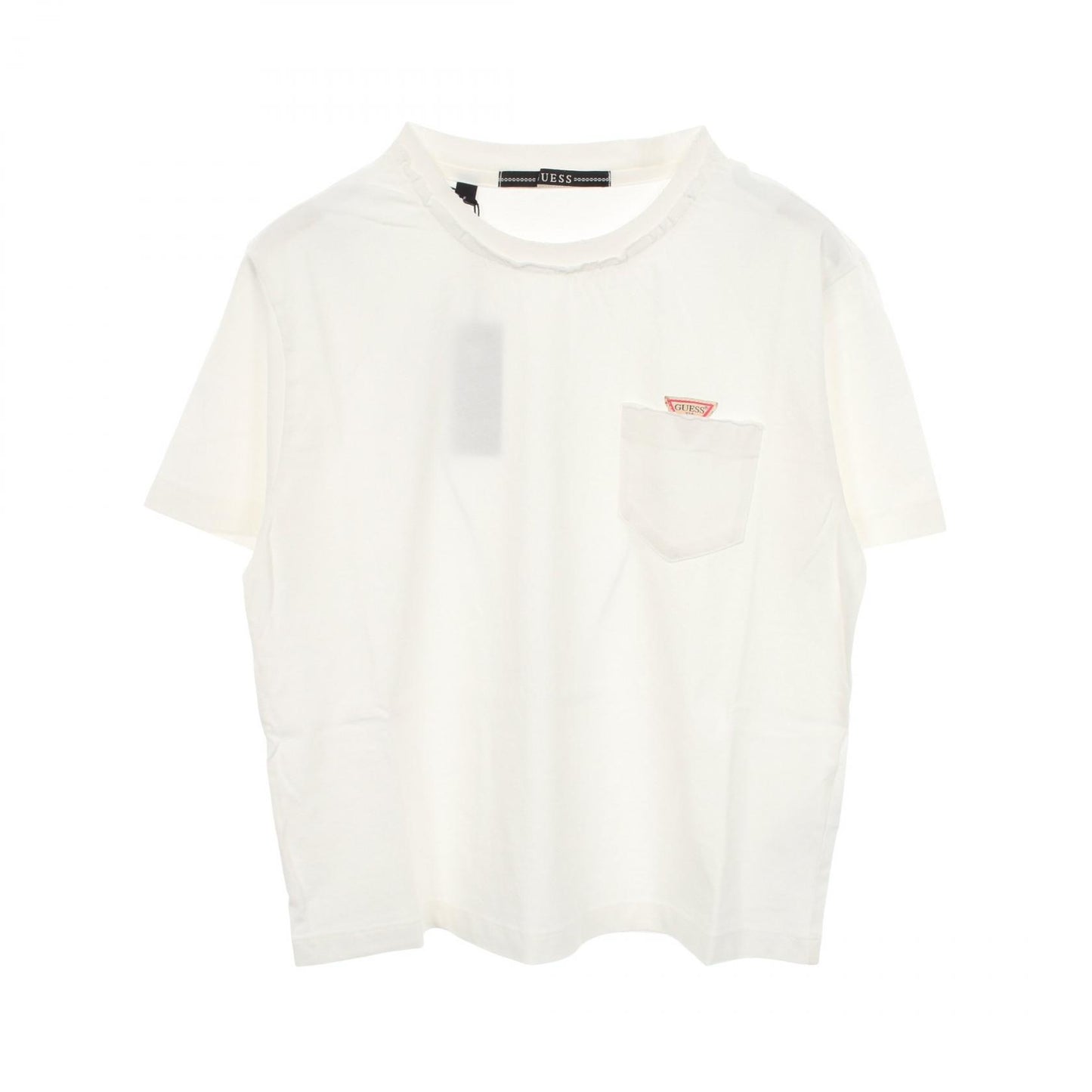 ロゴ ポケット付き ダメージ加工 半袖Tシャツ コットン ホワイト ゲス