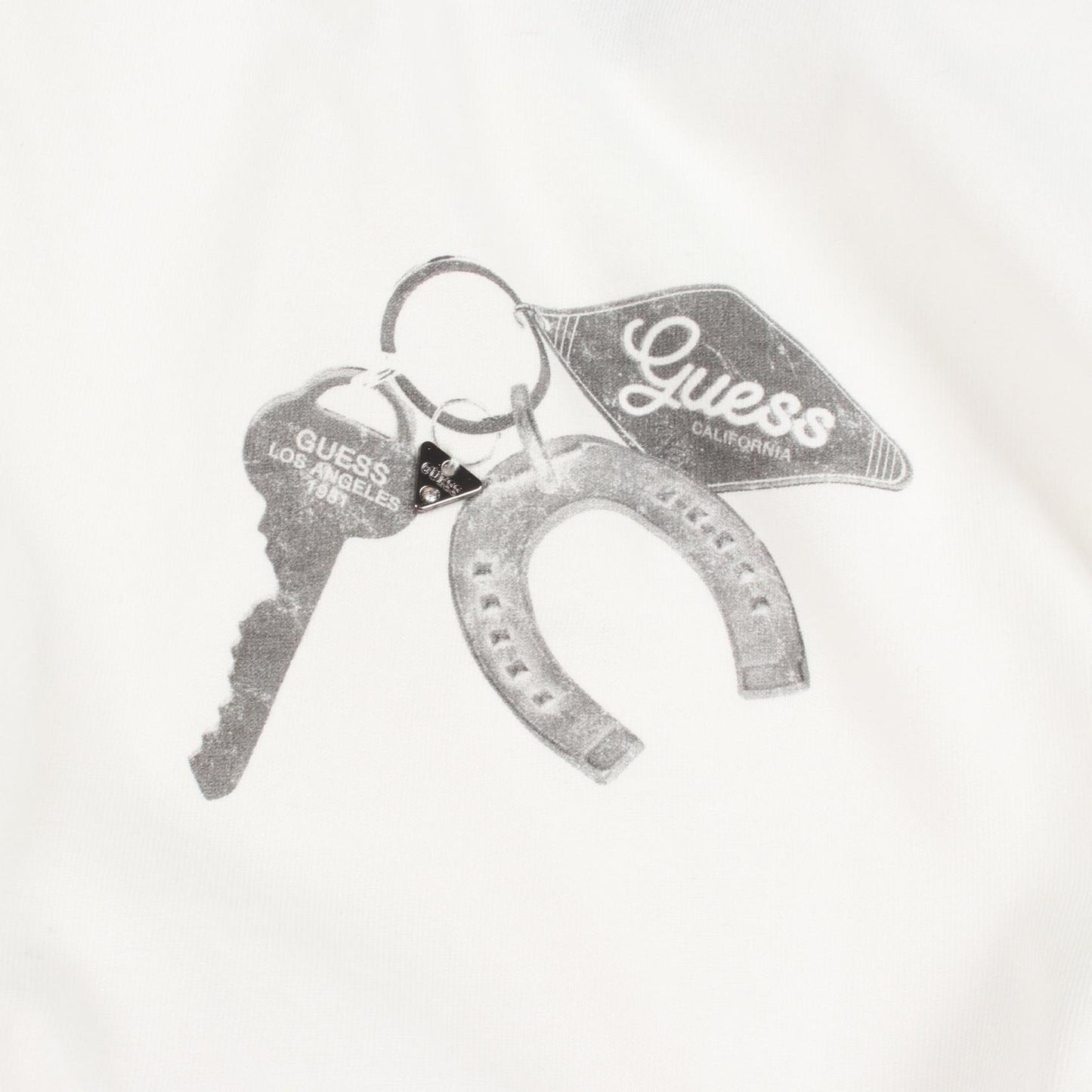 キーチェーン ダメージ加工 半袖Tシャツ コットン ホワイト ゲス