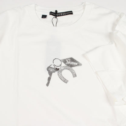 キーチェーン ダメージ加工 半袖Tシャツ コットン ホワイト ゲス