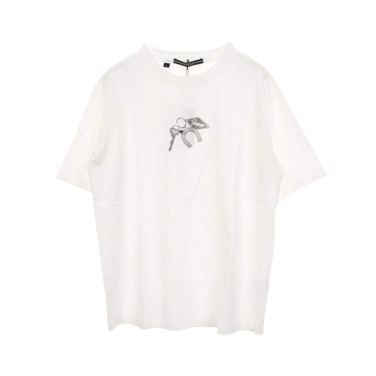 キーチェーン ダメージ加工 半袖Tシャツ コットン ホワイト ゲス