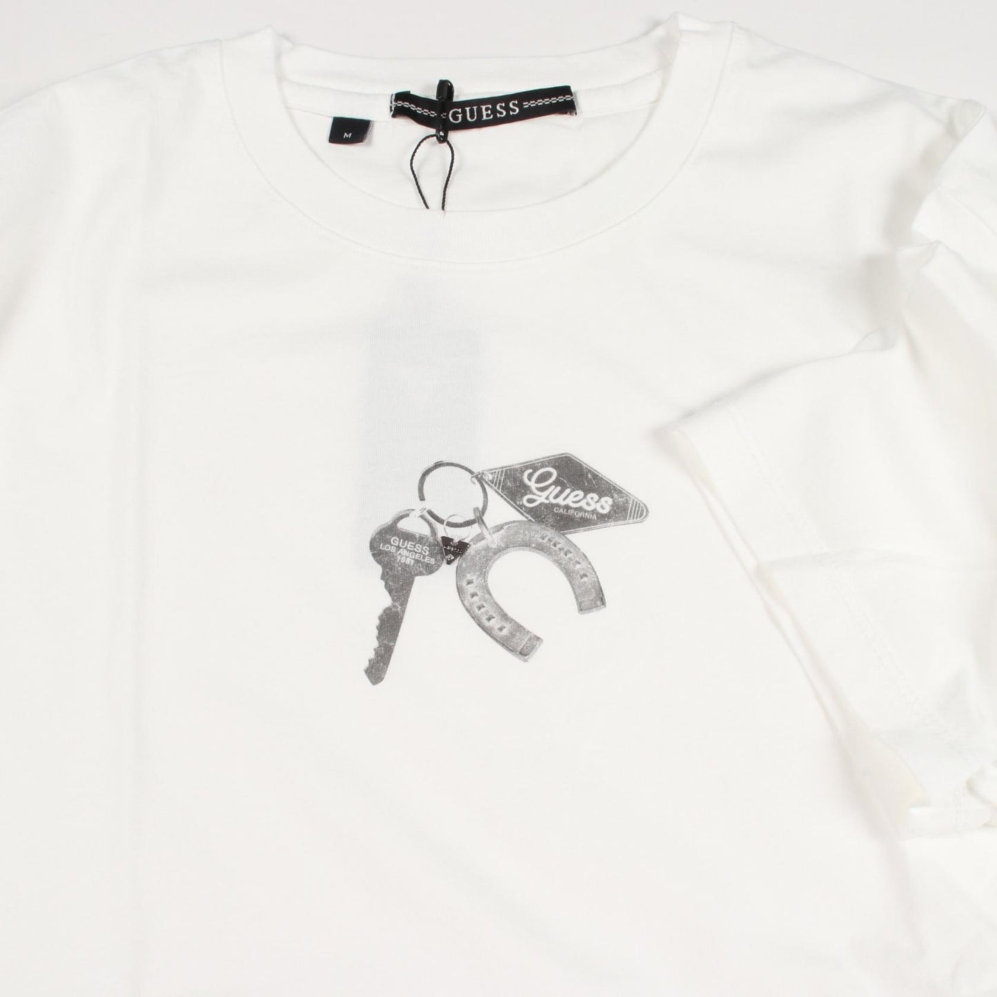 キーチェーン ダメージ加工 半袖Tシャツ コットン ホワイト ゲス