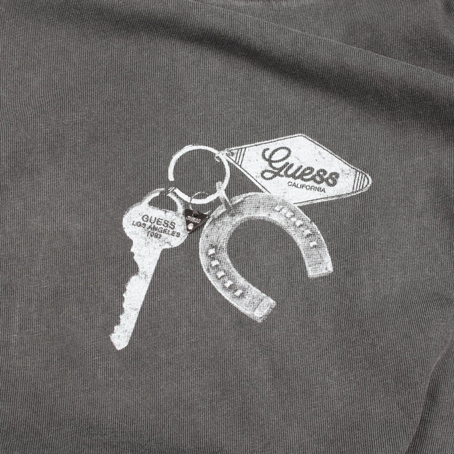 キーチェーン ダメージ加工 半袖Tシャツ コットン グレー ゲス