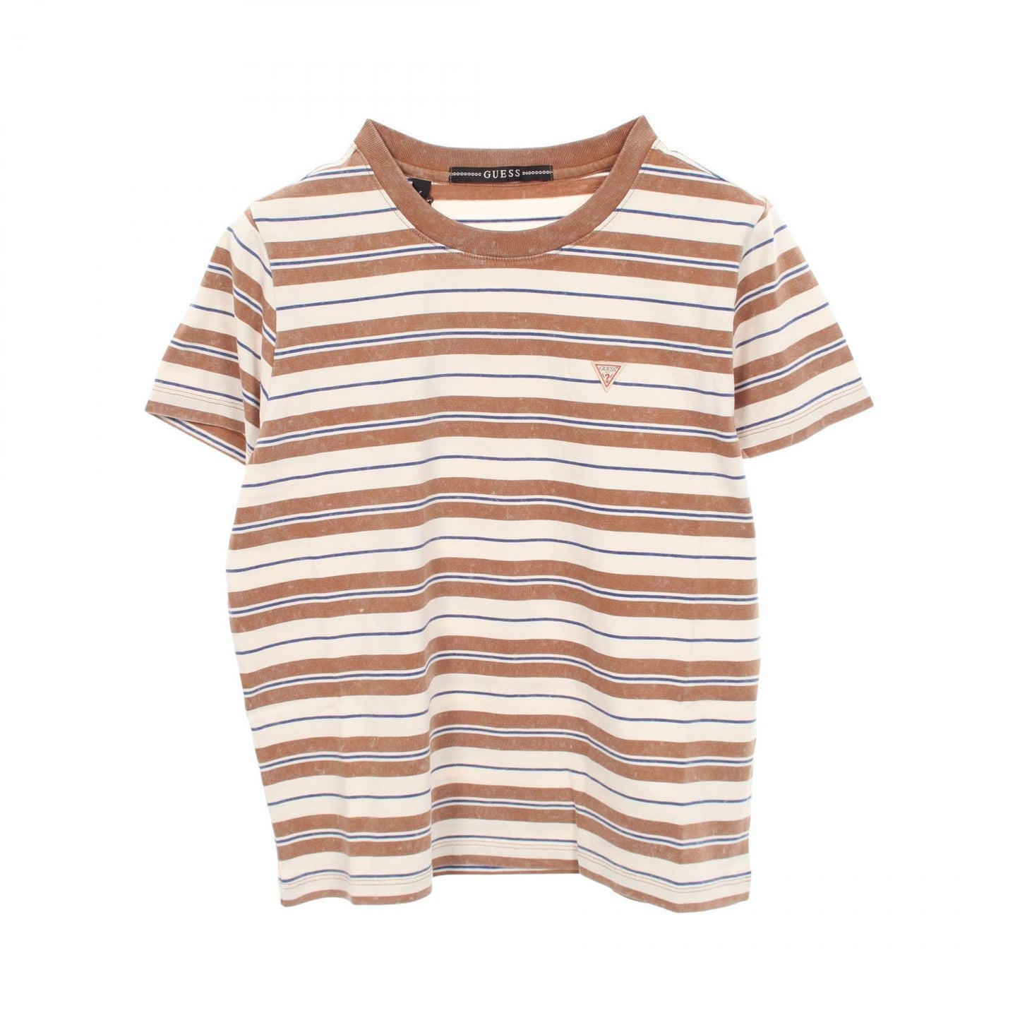 ボーダー クルーネック 半袖Tシャツ コットン ブラウン ベージュ ブルー ゲス