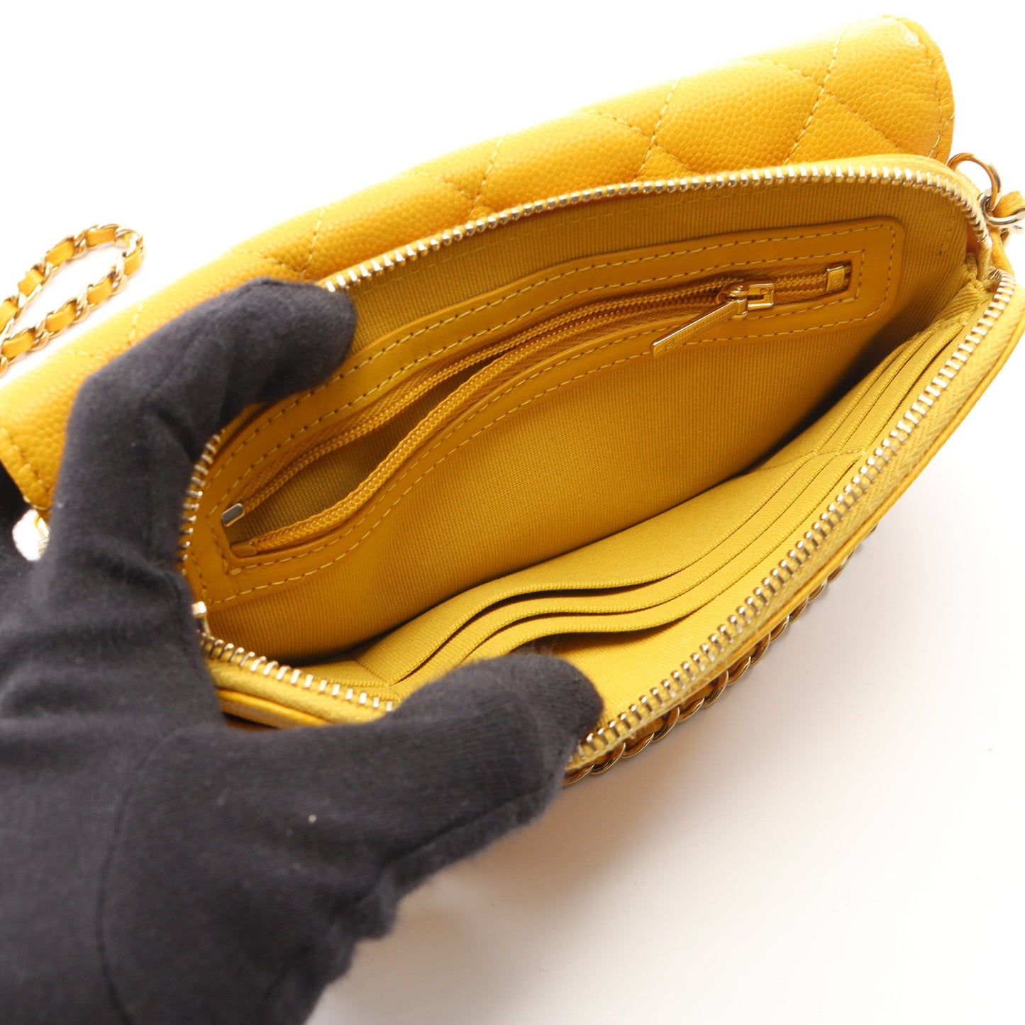 マトラッセ チェーンウォレット キャビアスキン オレンジイエロー ゴールド金具 シャネル