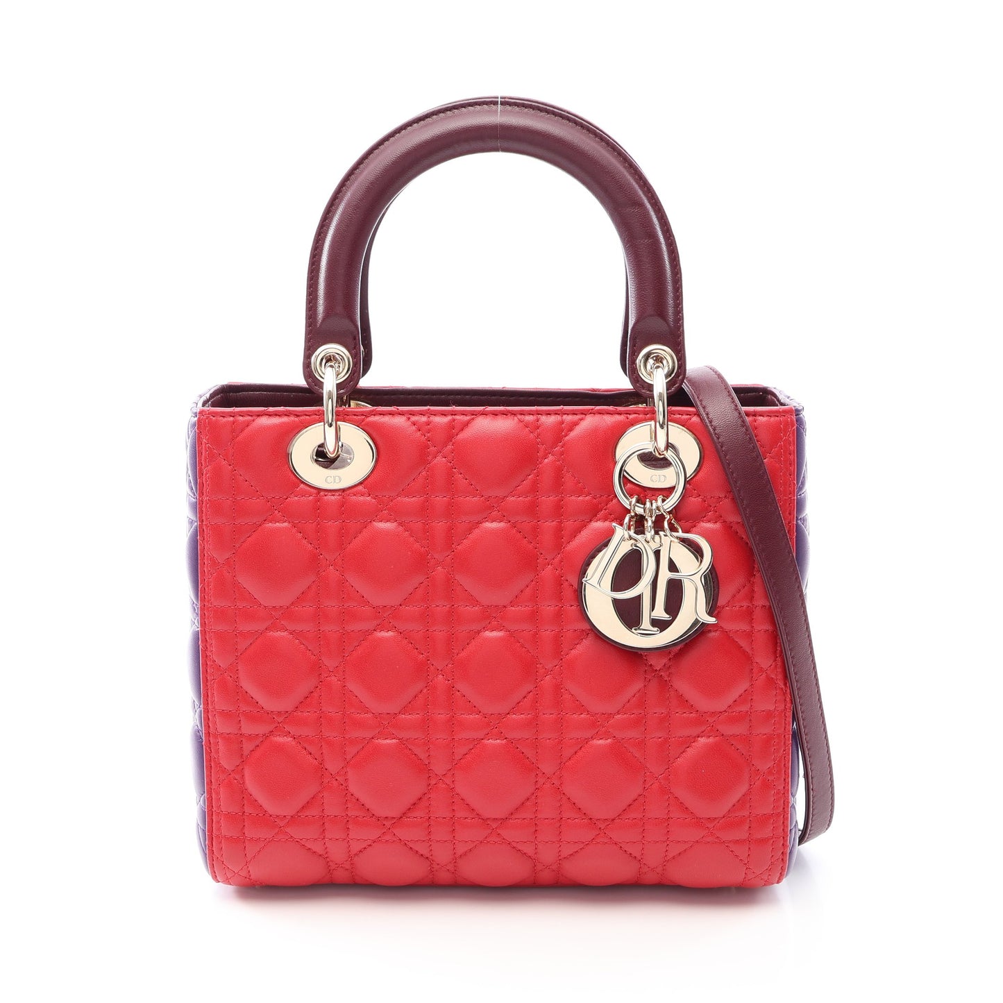 LADY DIOR レディディオール カナージュ 2WAY ハンドバッグ ラムスキン レッド パープル ボルドー クリスチャンディオール