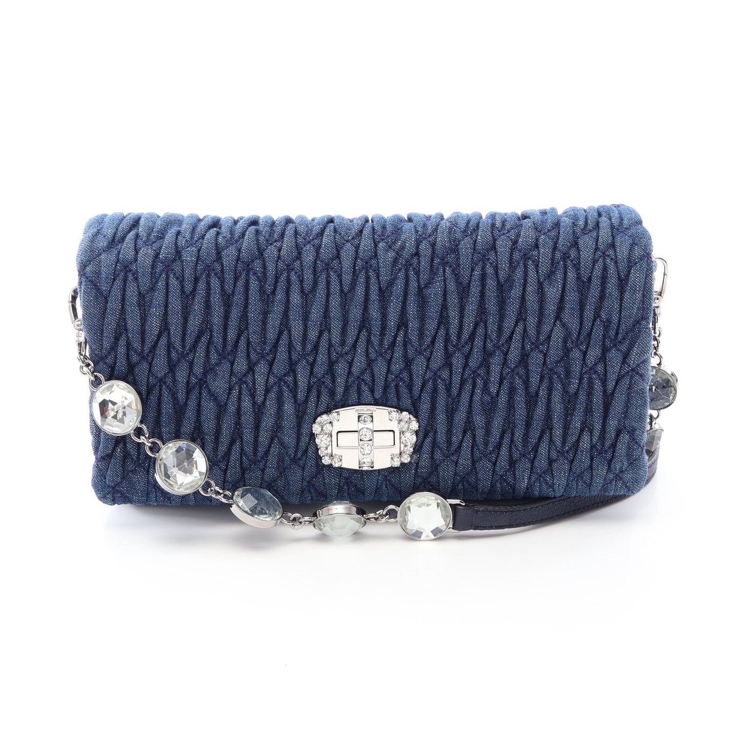 DENIM CRYSTAL マテラッセ ショルダーバッグ デニム レザー ネイビー ミュウミュウ