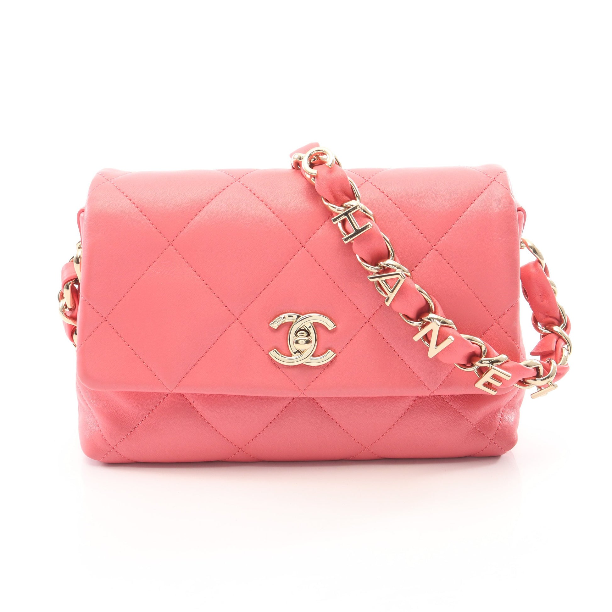 マトラッセ CHANELロゴ チェーンショルダーバッグ ラムスキン ピンク ゴールド金具 シャネル バッグ CHANEL
