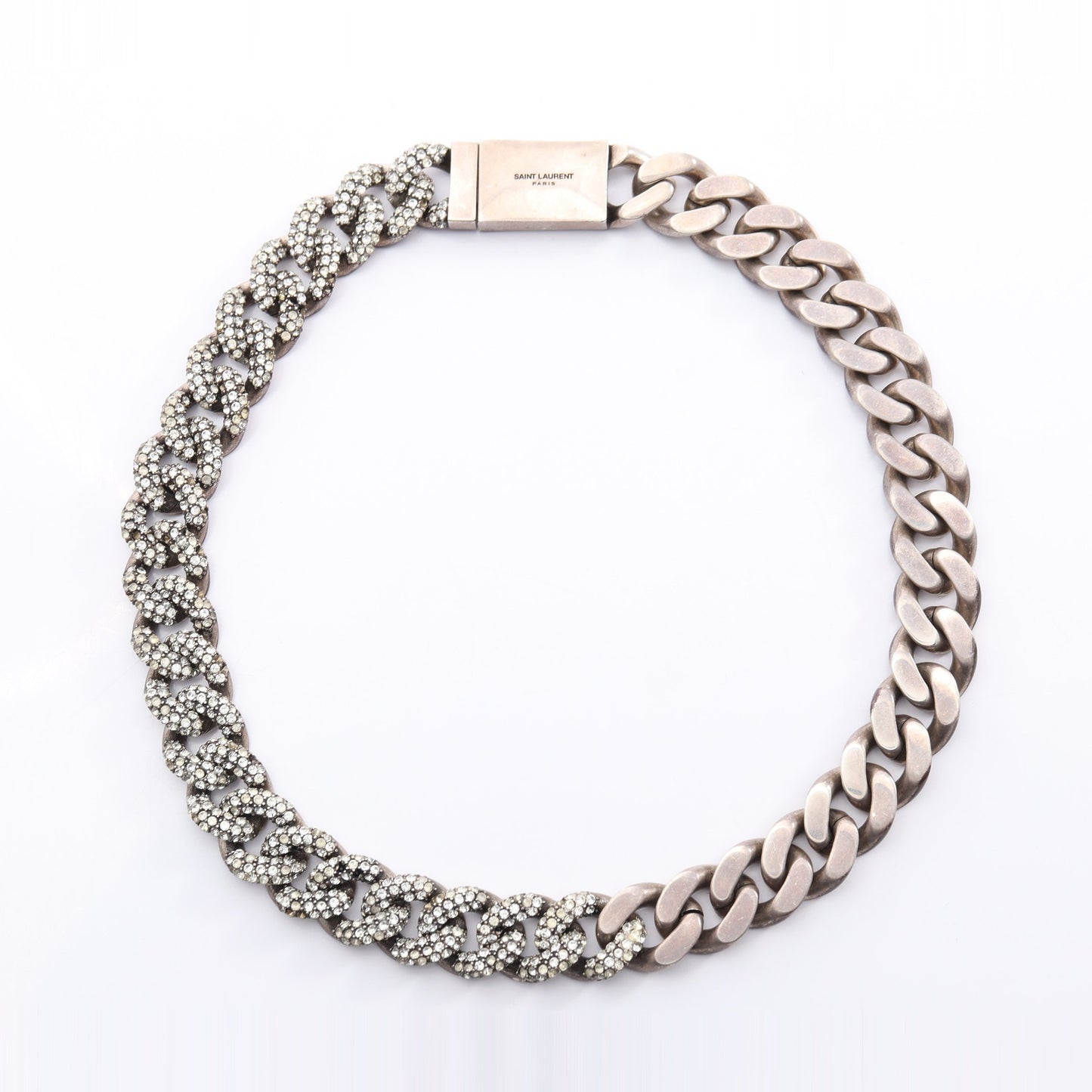 METAL CURB CHAIN NECKLACE メタルカーブ チェーン ネックレス GP ラインストーン シルバー サンローランパリ