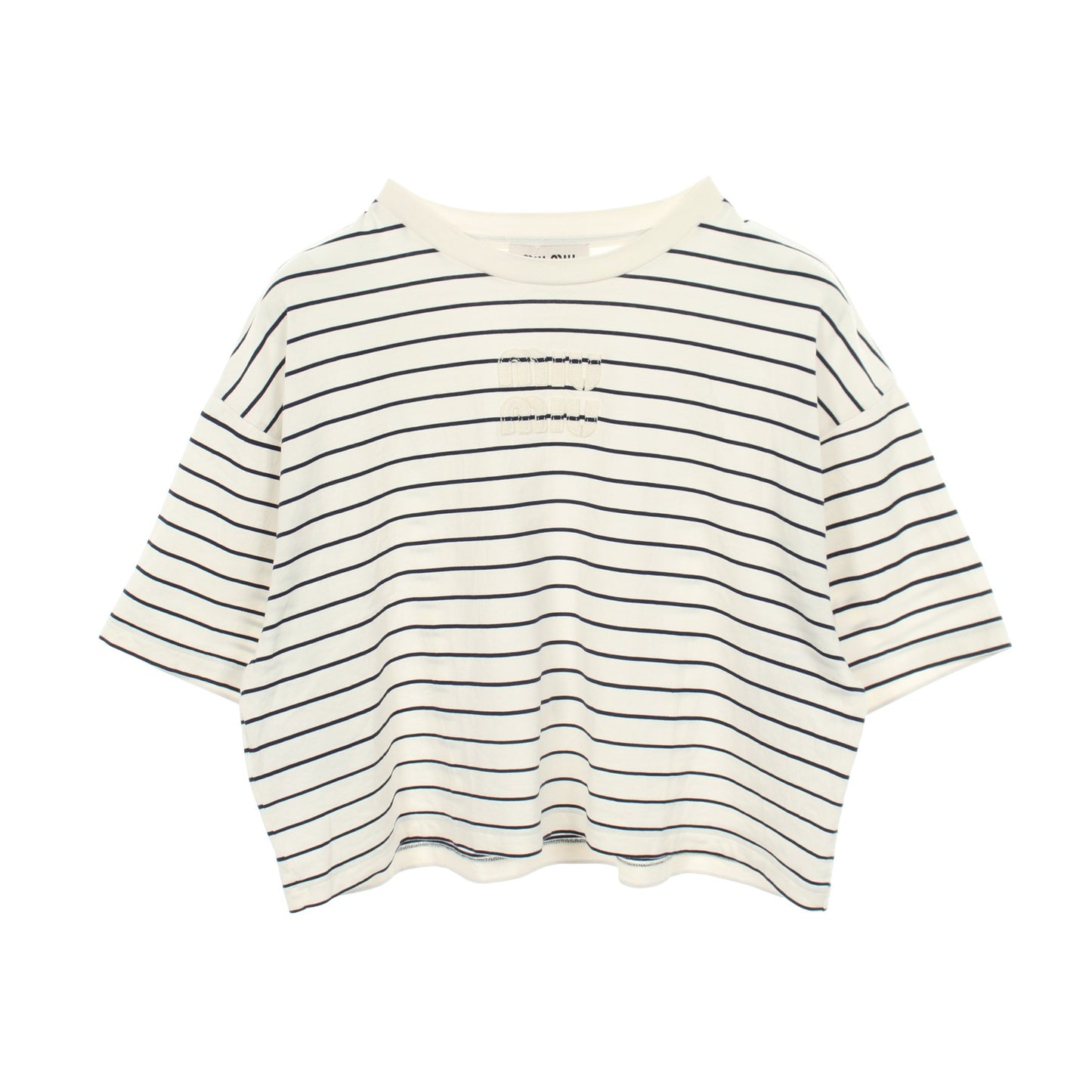 ロゴ ボーダー クロップド 半袖Tシャツ コットン ホワイト ネイビー ミュウミュウ