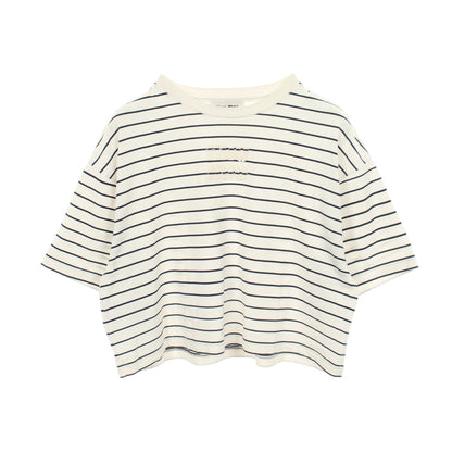 ロゴ ボーダー クロップド 半袖Tシャツ コットン ホワイト ネイビー ミュウミュウ