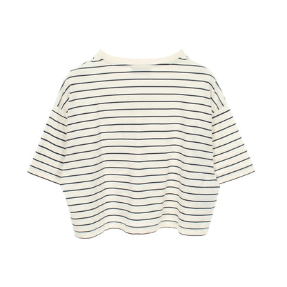 ロゴ ボーダー クロップド 半袖Tシャツ コットン ホワイト ネイビー ミュウミュウ