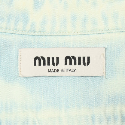ロゴ刺繍 ブリーチ加工 デニムシャツ コットン ライトブルー ミュウミュウ