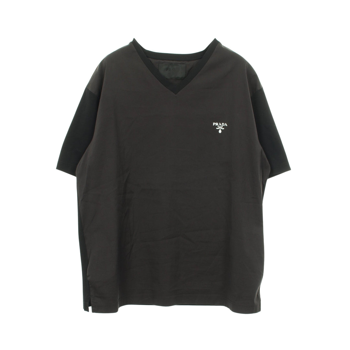 Vネック 切替 半袖Tシャツ コットン ブラック プラダ トップス PRADA