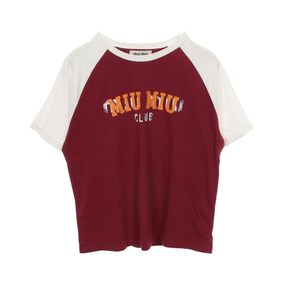ロゴプリント 半袖Tシャツ コットン ボルドー ホワイト ミュウミュウ