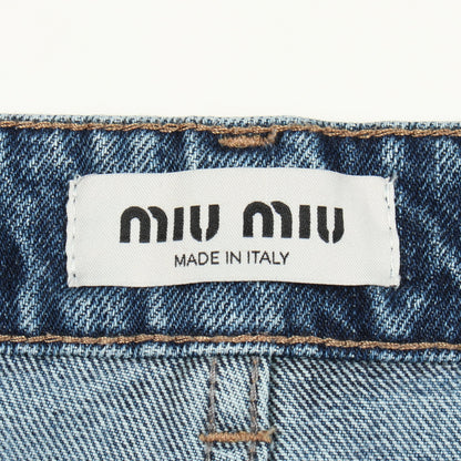 ロゴレザーパッチ ボタンフライ ワイド デニムパンツ コットン ブルー ミュウミュウ ボトムス miu miu