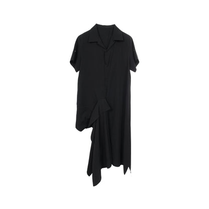GABARDINE R DRAPED SHIRT DRESS 半袖 シャツワンピース ウール ブラック ヨウジヤマモト