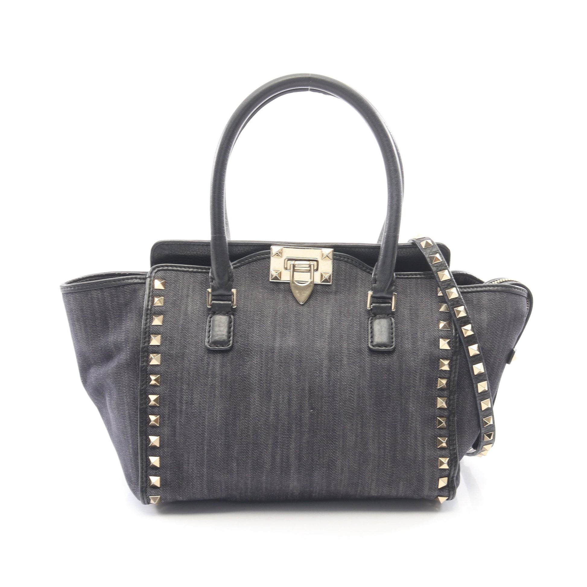 ロックスタッズ 2WAY ハンドバッグ デニム レザー ネイビー ブラック ヴァレンティノガラヴァーニ バッグ VALENTINO GARAVANI