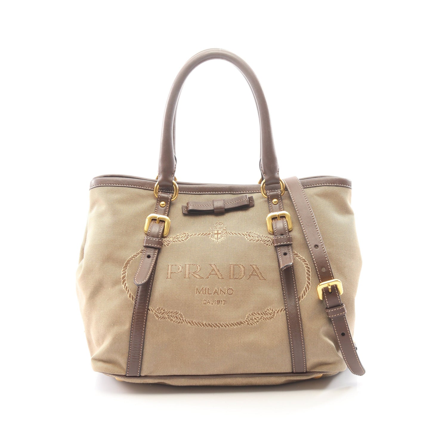 LOGO JACQUARD ロゴジャガード 2WAY ハンドバッグ トートバッグ キャンバス レザー ベージュ ブラウン プラダ