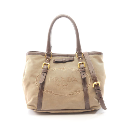 LOGO JACQUARD ロゴジャガード 2WAY ハンドバッグ トートバッグ キャンバス レザー ベージュ ブラウン プラダ