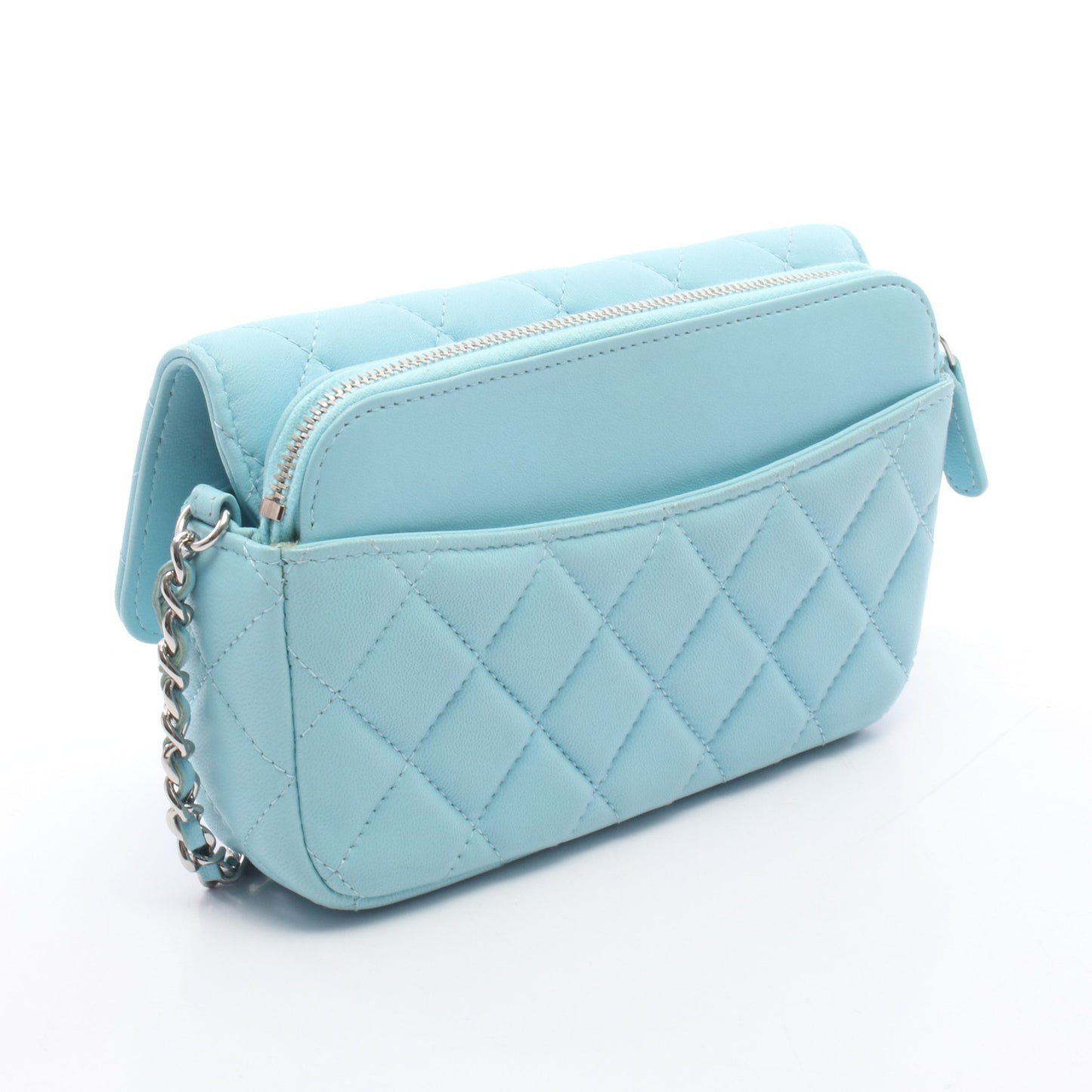 マトラッセ フォンケース チェーンウォレット ラムスキン ライトブルー シルバー金具 シャネル バッグ CHANEL