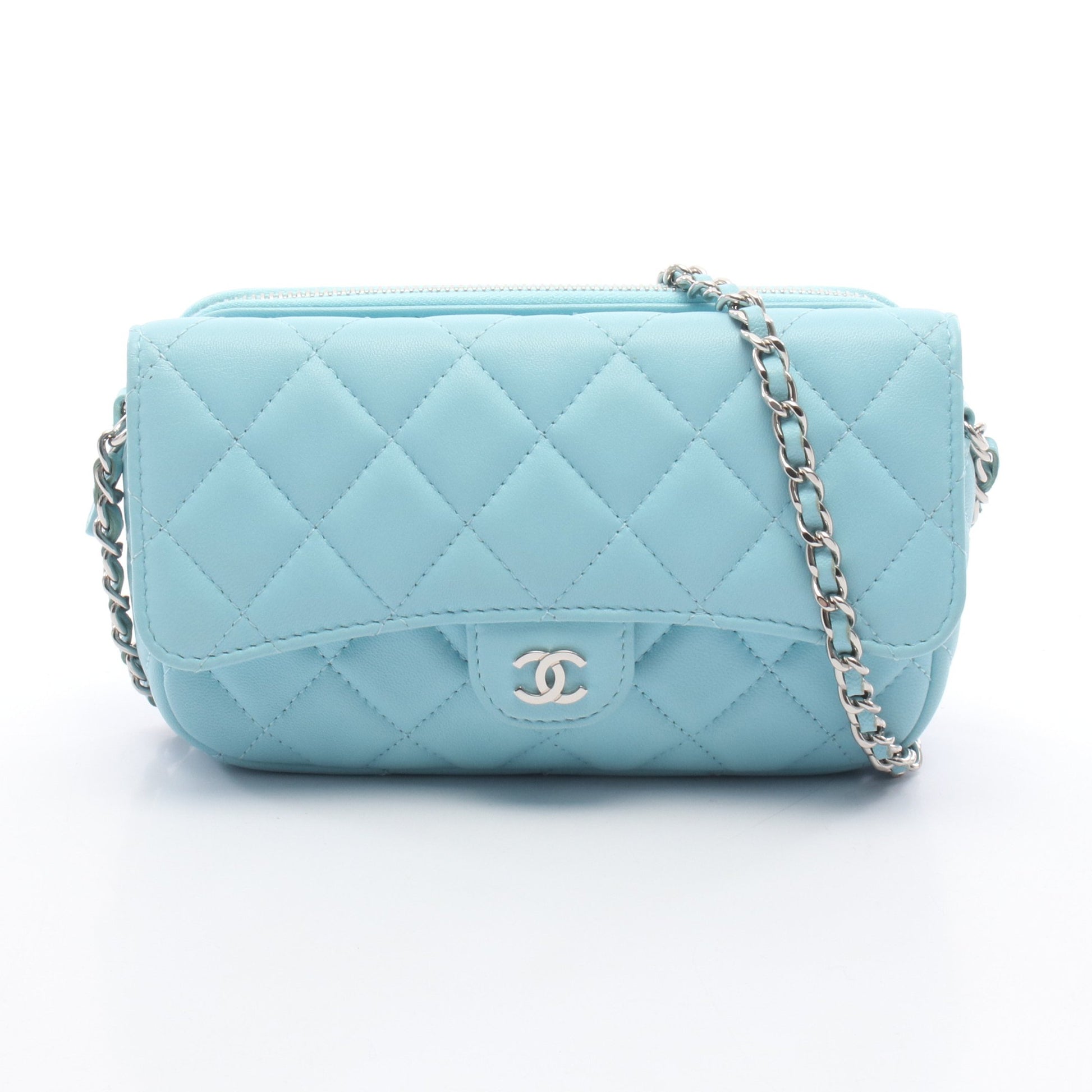 マトラッセ フォンケース チェーンウォレット ラムスキン ライトブルー シルバー金具 シャネル バッグ CHANEL