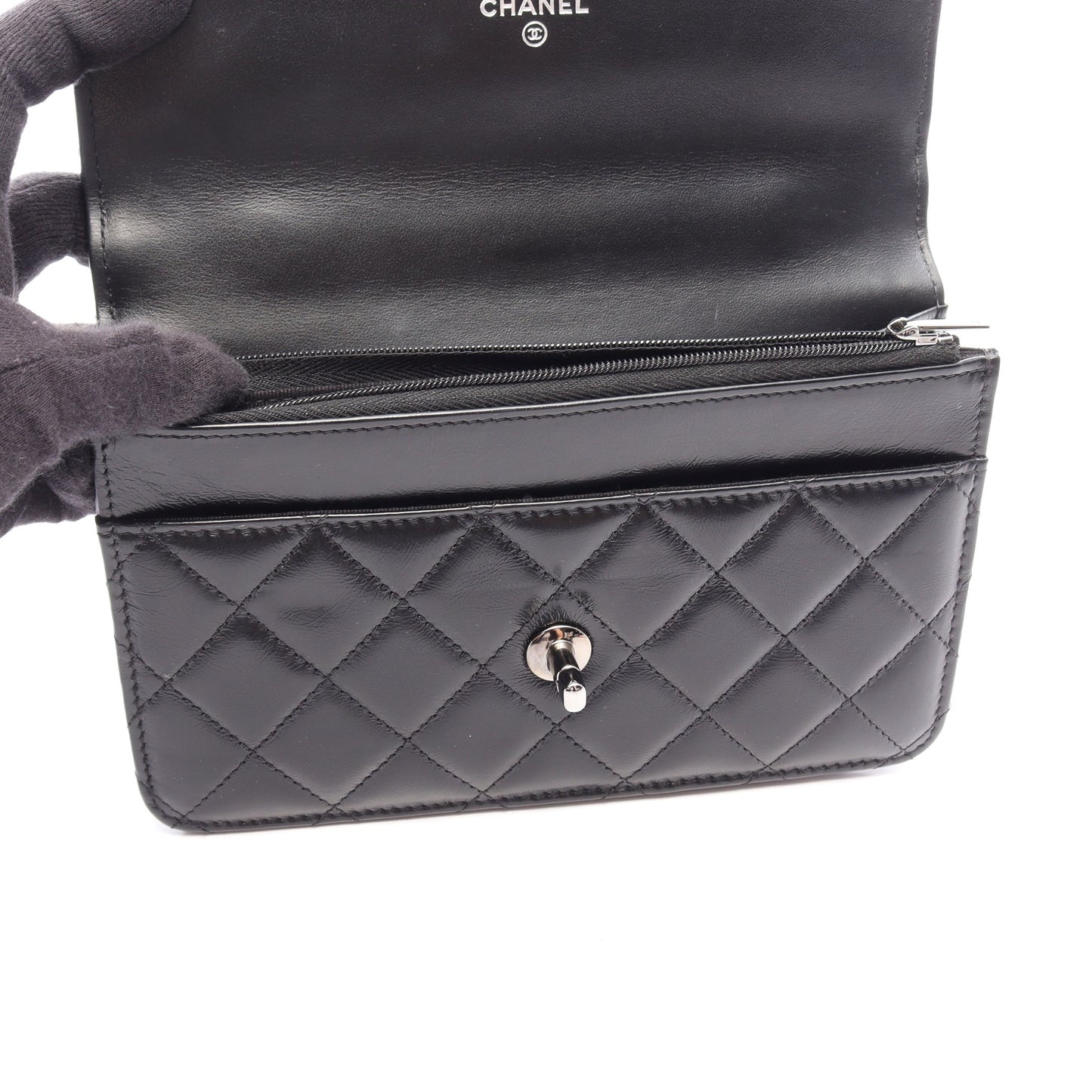 マトラッセ トップハンドル 2WAY チェーンウォレット ラムスキン ブラック シルバー金具 シャネル