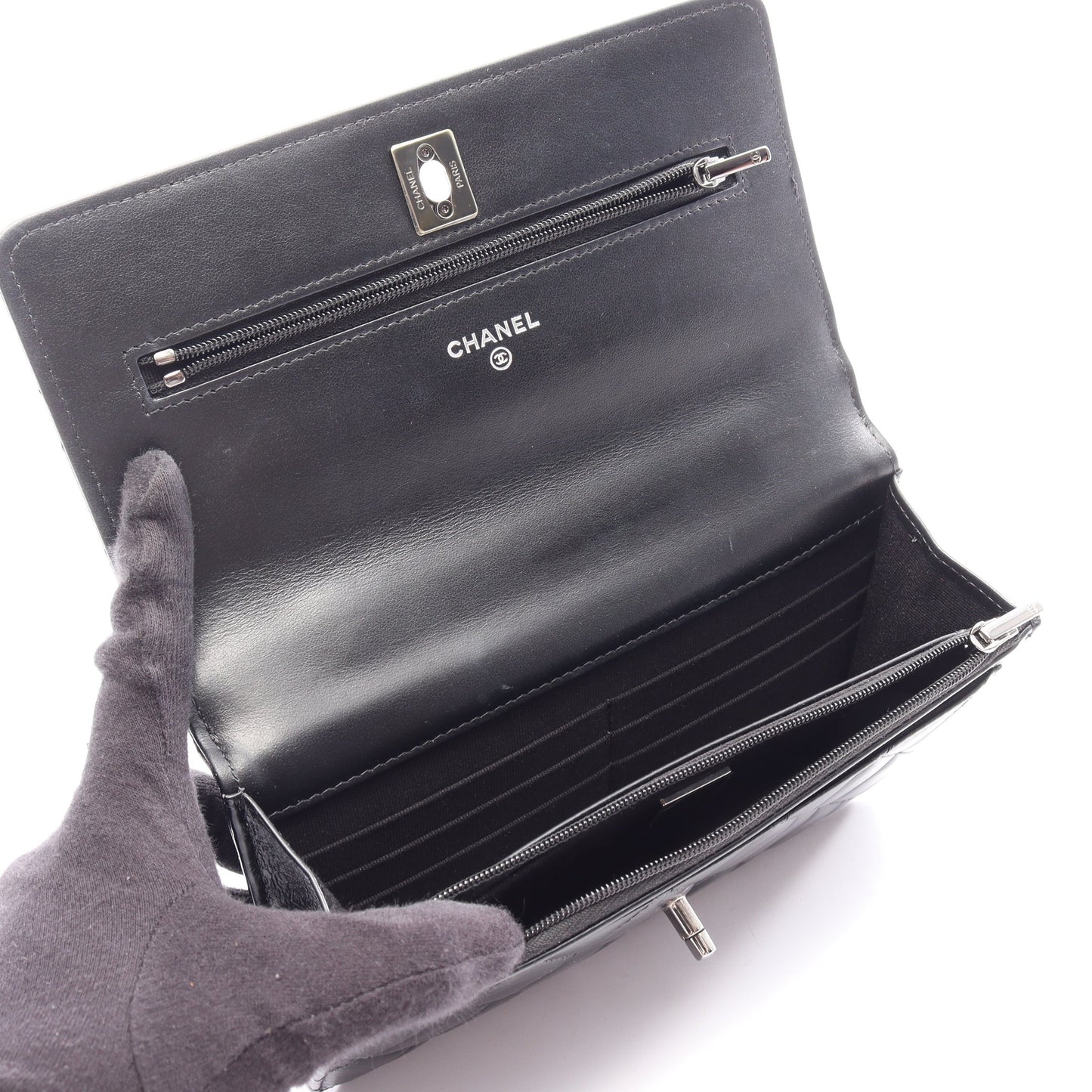 マトラッセ トップハンドル 2WAY チェーンウォレット ラムスキン ブラック シルバー金具 シャネル