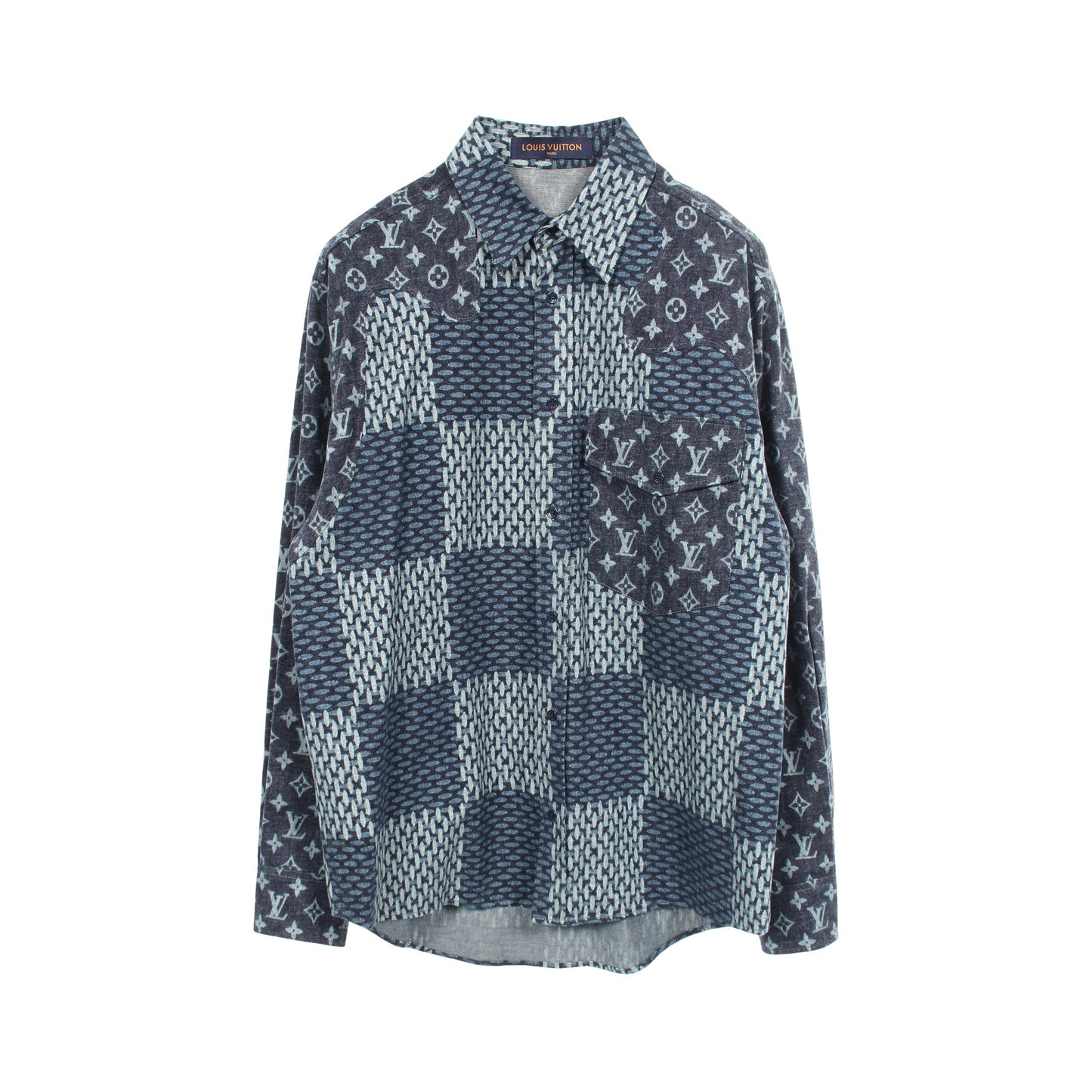 LOUIS VUITTON × NIGO モノグラムウェーブ ジャイアントダミエ フランネル 長袖 シャツ コットン ネイビー ルイヴィトン