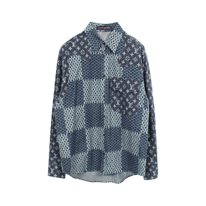 LOUIS VUITTON × NIGO モノグラムウェーブ ジャイアントダミエ フランネル 長袖 シャツ コットン ネイビー ルイヴィトン