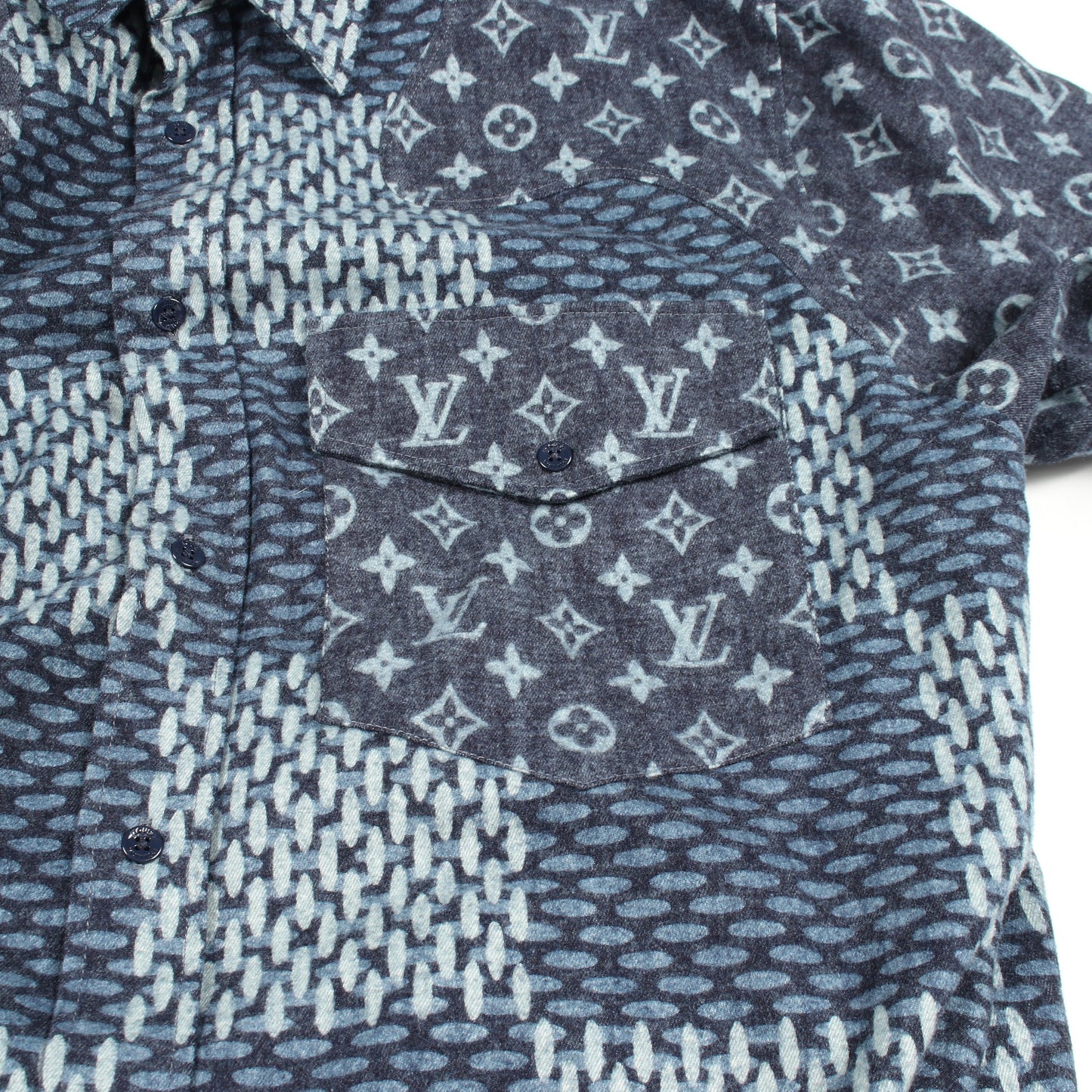LOUIS VUITTON × NIGO モノグラムウェーブ ジャイアントダミエ フランネル 長袖 シャツ コットン ネイビー ルイヴィトン