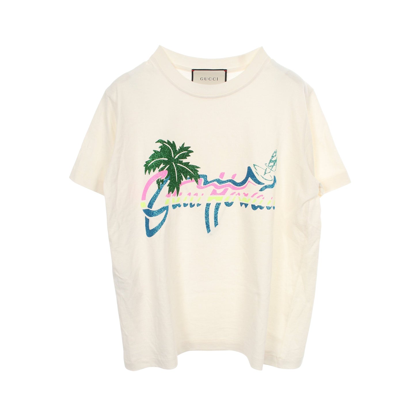 ハワイロゴ グリッター 半袖Tシャツ コットン ホワイト マルチカラー グッチ