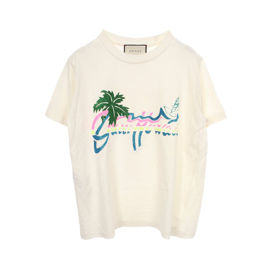 ハワイロゴ グリッター 半袖Tシャツ コットン ホワイト マルチカラー グッチ トップス GUCCI