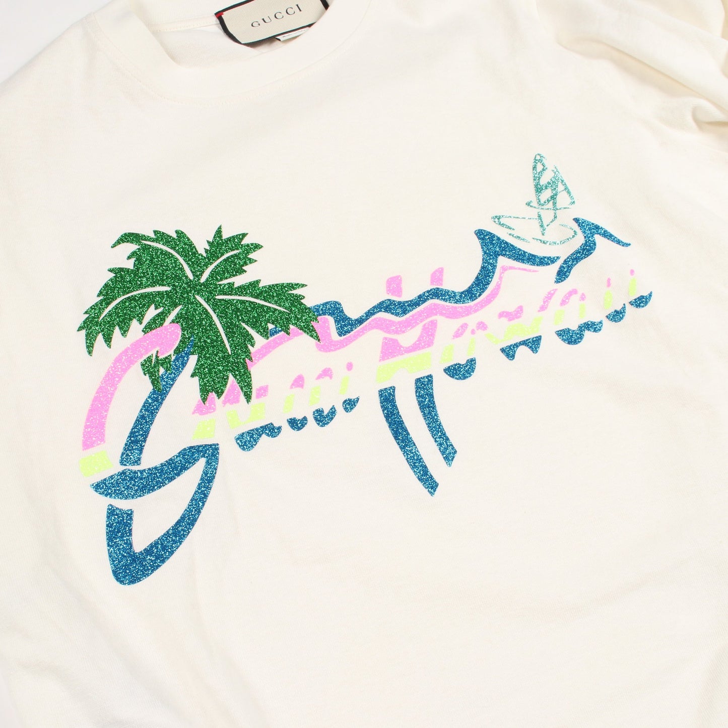 ハワイロゴ グリッター 半袖Tシャツ コットン ホワイト マルチカラー グッチ