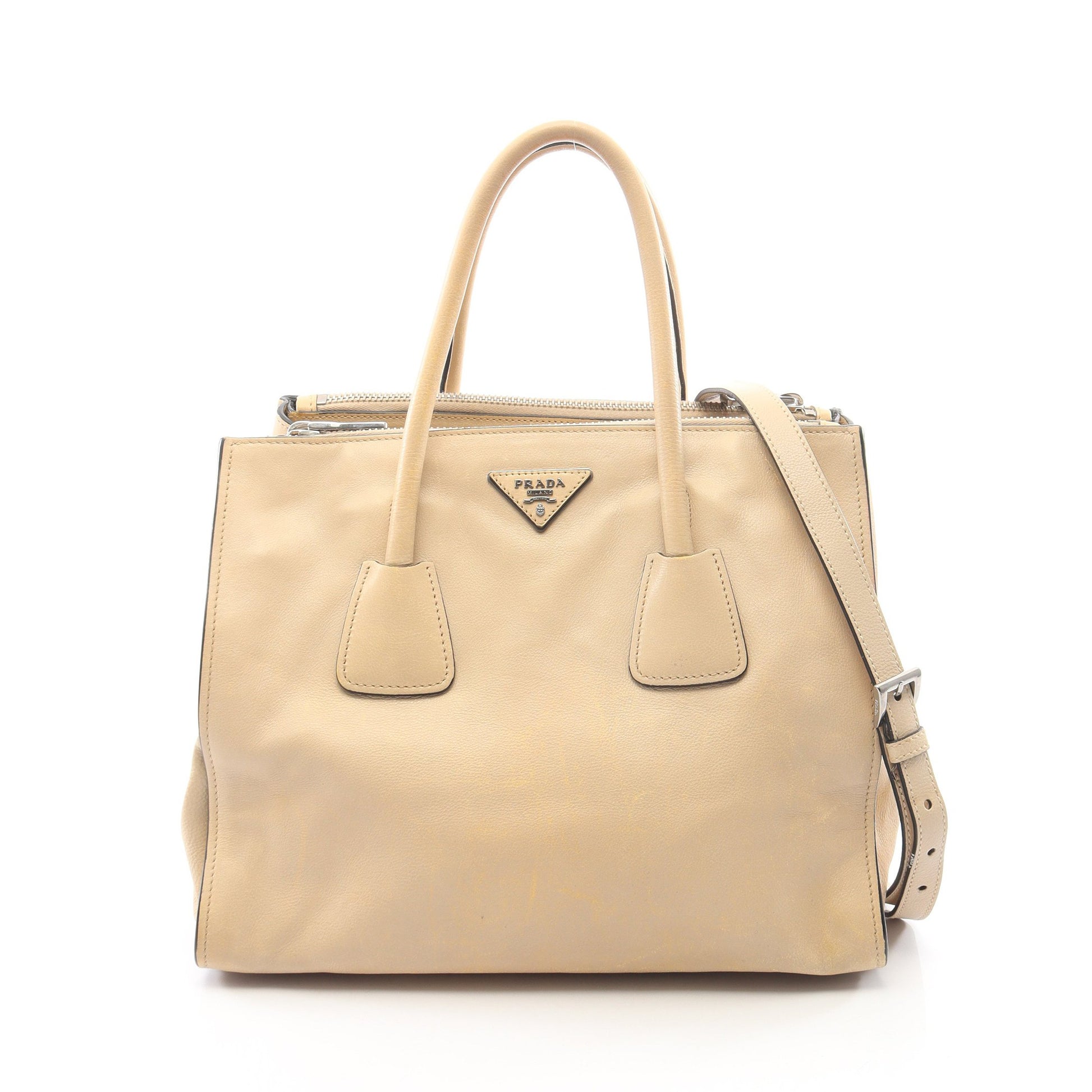 トライアングルロゴ 2WAY ハンドバッグ トートバッグ レザー ベージュ プラダ バッグ PRADA