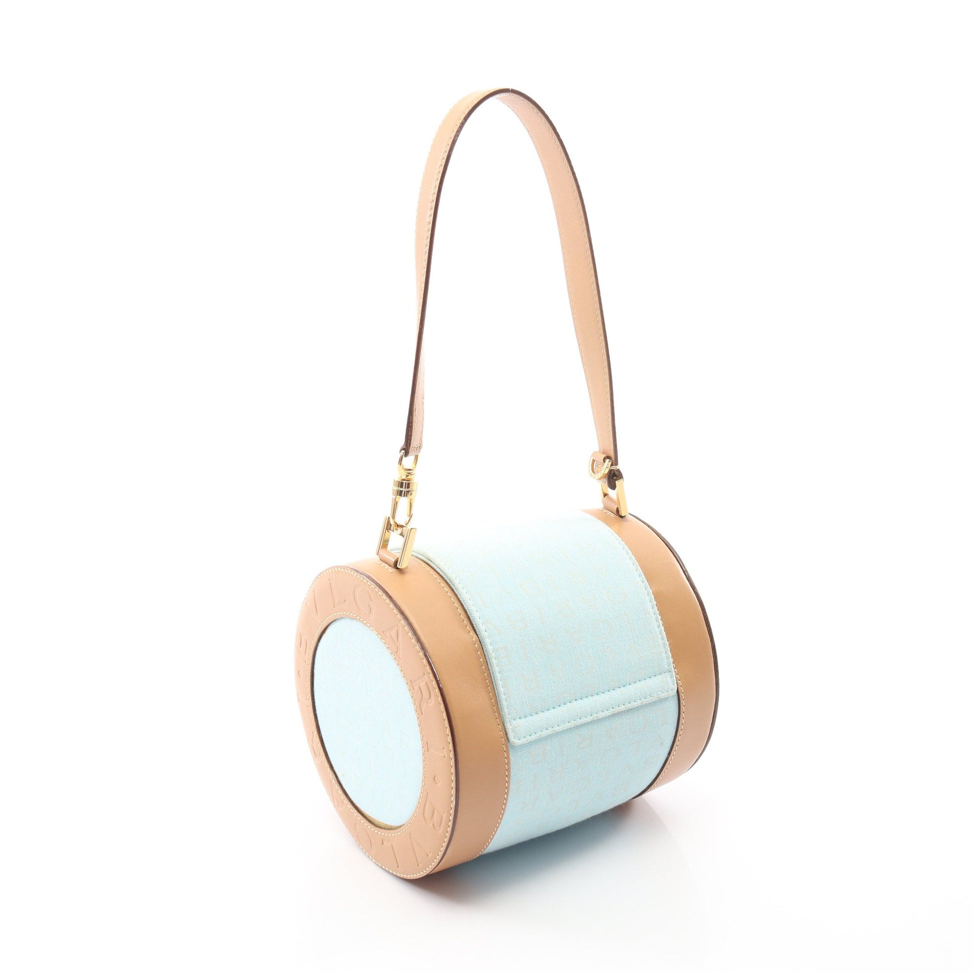 B-ZERO1 ビーゼロワン ロゴマニア ハンドバッグ キャンバス レザー ライトブルー ライトブラウン ブルガリ バッグ BVLGARI