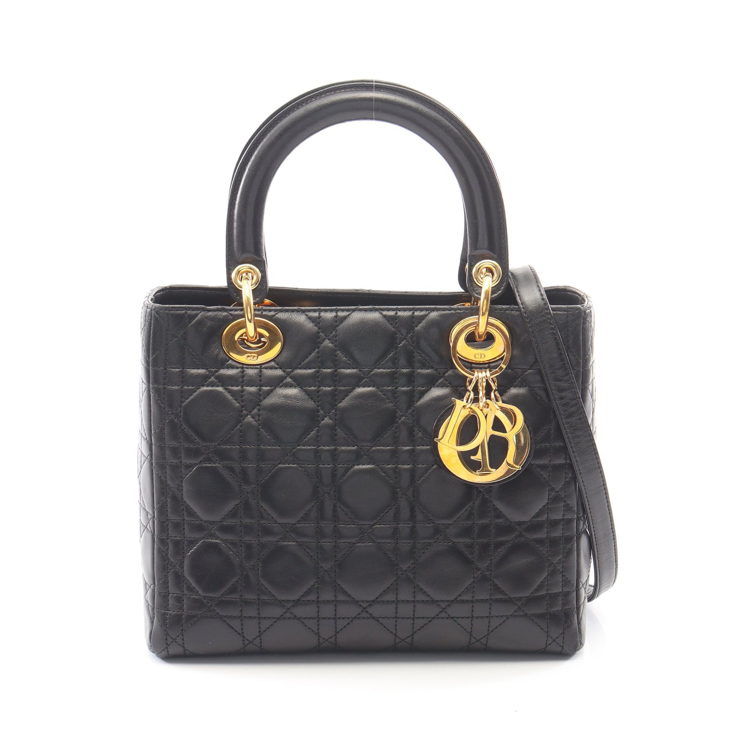 LADY DIOR レディディオール カナージュ 2WAY ハンドバッグ レザー ブラック クリスチャンディオール