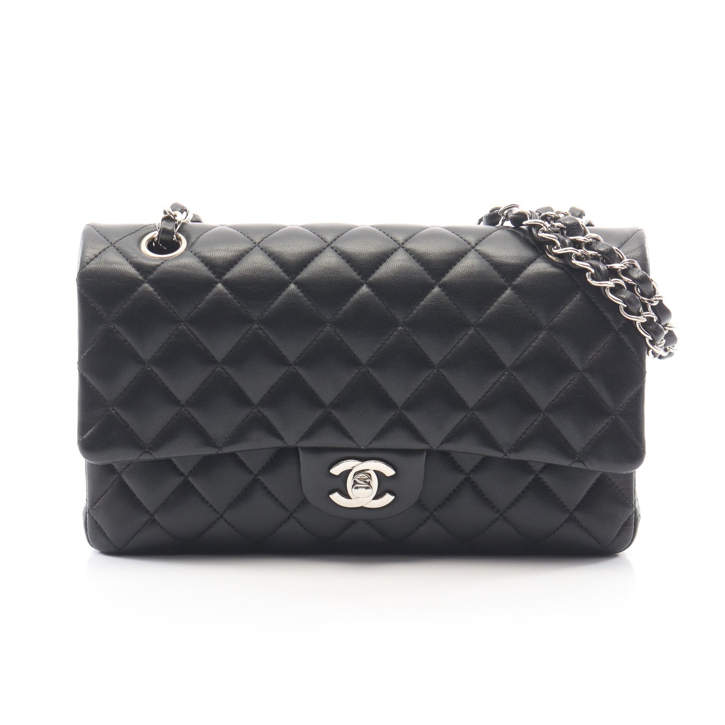 マトラッセ Wフラップ Wチェーンショルダーバッグ ラムスキン ブラック シルバー金具 シャネル バッグ CHANEL