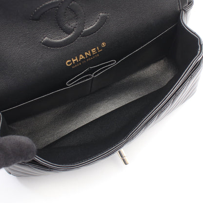 シェブロン Vステッチ Wフラップ Wチェーンショルダーバッグ ラムスキン ブラック シルバー金具 シャネル バッグ CHANEL