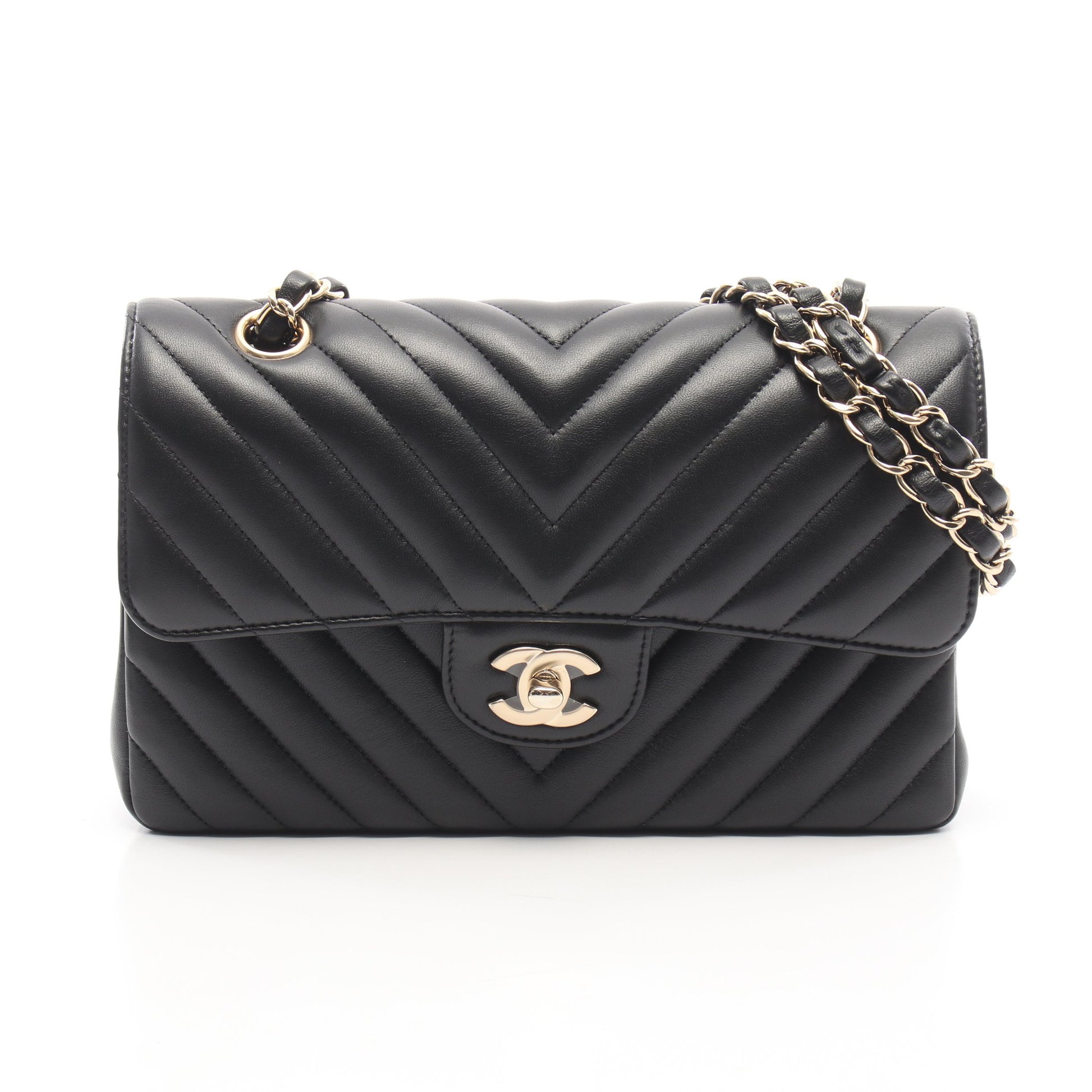 シェブロン Vステッチ Wフラップ Wチェーンショルダーバッグ ラムスキン ブラック シルバー金具 シャネル バッグ CHANEL