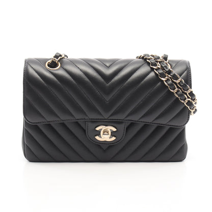 シェブロン Vステッチ Wフラップ Wチェーンショルダーバッグ ラムスキン ブラック シルバー金具 シャネル バッグ CHANEL