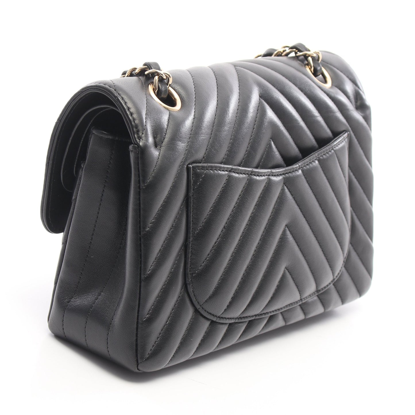 シェブロン Vステッチ Wフラップ Wチェーンショルダーバッグ ラムスキン ブラック シルバー金具 シャネル バッグ CHANEL
