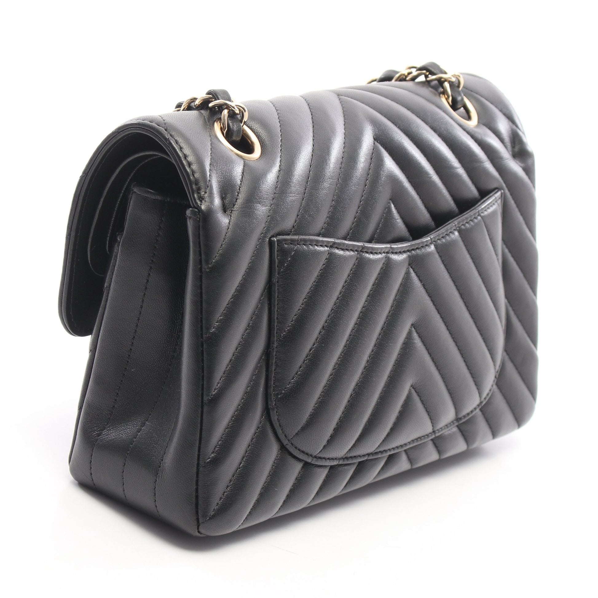 シェブロン Vステッチ Wフラップ Wチェーンショルダーバッグ ラムスキン ブラック シルバー金具 シャネル バッグ CHANEL