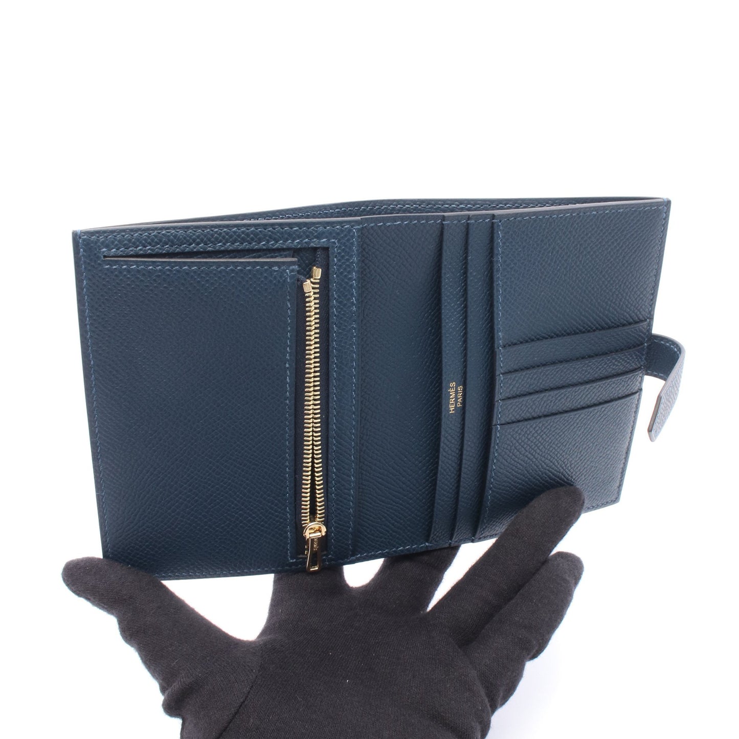 ベアンコンパクト ブルードガリス 二つ折り財布 ヴォーエプソン ブルーグレー ゴールド金具 K刻印 エルメス