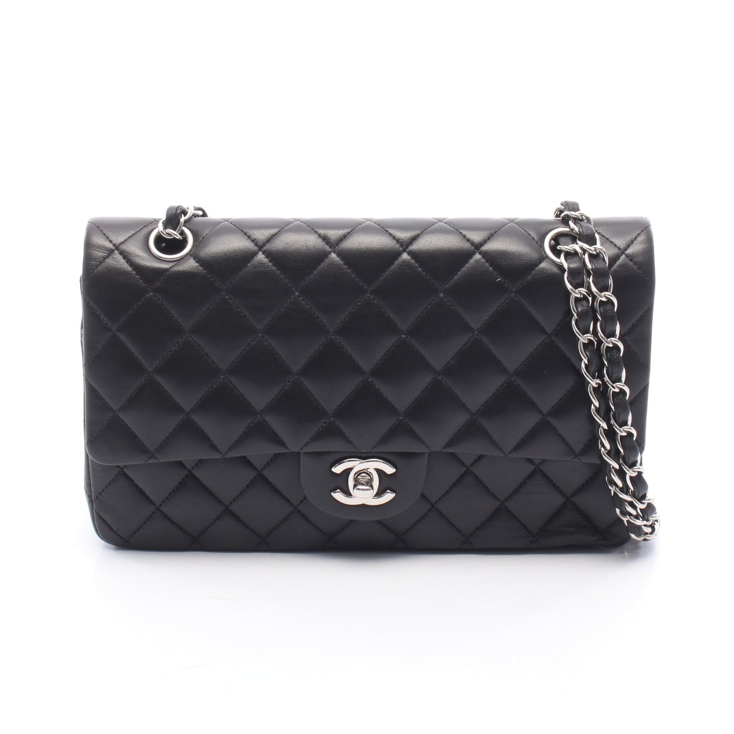 マトラッセ Wフラップ Wチェーンショルダーバッグ ラムスキン ブラック シルバー金具 シャネル バッグ CHANEL