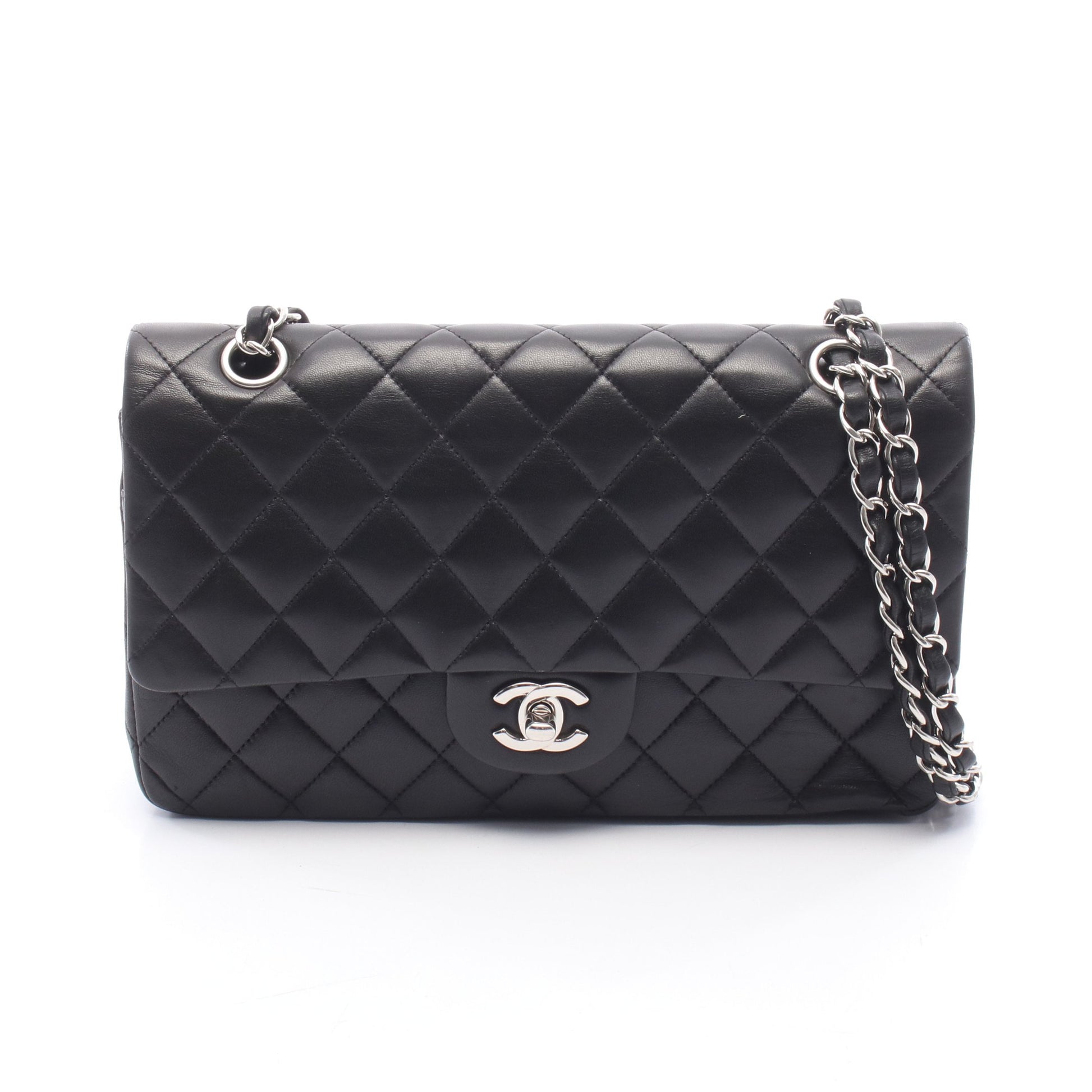 マトラッセ Wフラップ Wチェーンショルダーバッグ ラムスキン ブラック シルバー金具 シャネル バッグ CHANEL